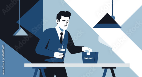 Takeaway Lunch Frustration: Weary Businessman Reaches For Food In Office Environment