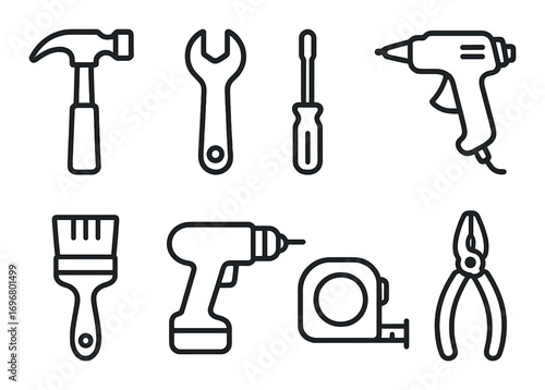 Set of outline hand tools on dark background: hammer, wrench, screwdriver, glue gun, brush, drill, tape measure, pliers