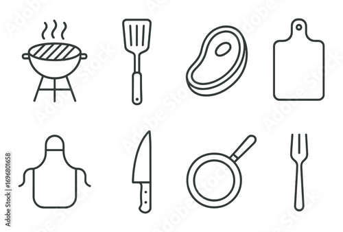 Barbecue tools icons: grill, spatula, steak, cutting board, apron, knife, pan, fork