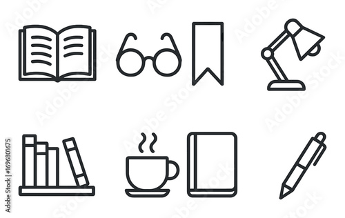 Monochrome study icons: books, lamp, glasses, bookmark, coffee, pen