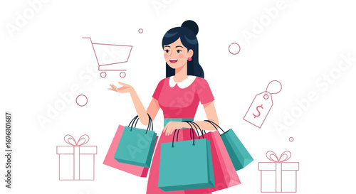 Woman Enjoys Shopping, Gathering Gifts, Smiling With Colorful Shopping Bags Happily