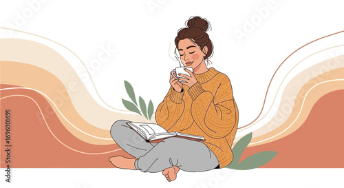 Woman Enjoys Warm Drink While Reading Book, Beautifully Illustrated For Calm Moments.
