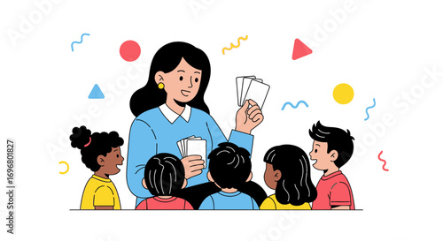 Teacher Demonstrates Card Games To A Group of Children Classroom Learning Activity