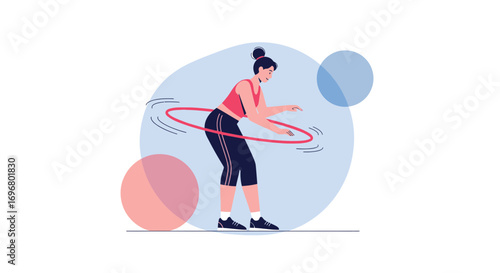 Woman Exercising With Hula Hoop In Bright Style On White Background