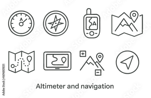 Navigation and altimeter symbols: gps, map, compass, location icons in gray