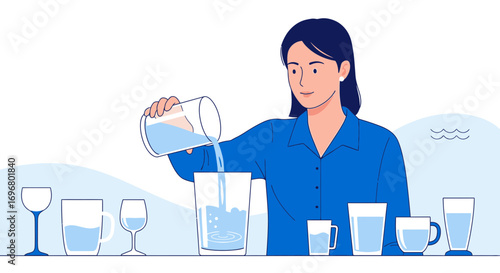Woman Filling Glasses Illustrates Hydration And Daily Routine With Blue Hues