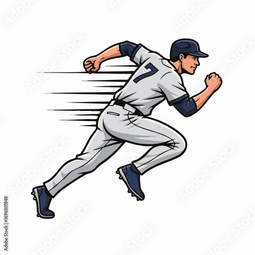Dynamic Vector Illustration of Baseball Player Running in Action in Modern Style with Blue and White Uniform