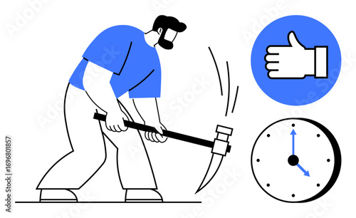 Worker in blue shirt swinging hammer, breaking ground. Thumbs-up symbol conveys approval, clock emphasizes time management. Ideal for productivity, hard work, efficiency, goal-setting, dedication