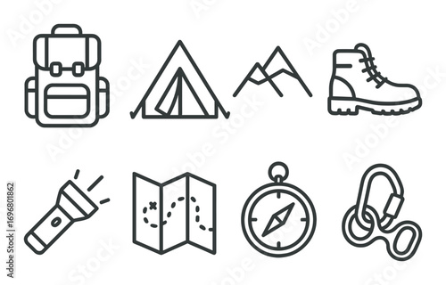 Outdoor adventure icons: backpack, tent, mountains, boot, flashlight, map, compass, carabiner