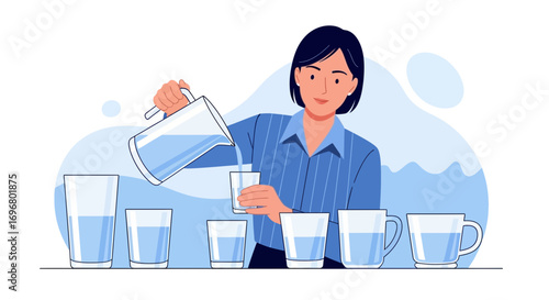 Woman Filling Glasses With Refreshing Water From Pitcher Illustration In Blue Tones