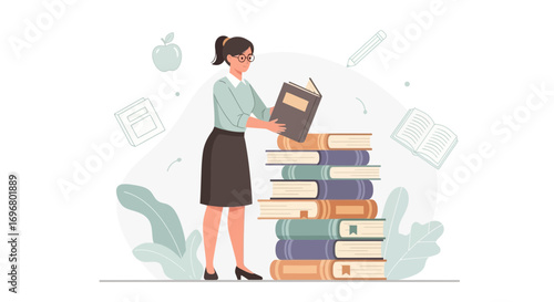 Teacher Examining Pile Of Literature Preparing Lessons For Educational Purposes