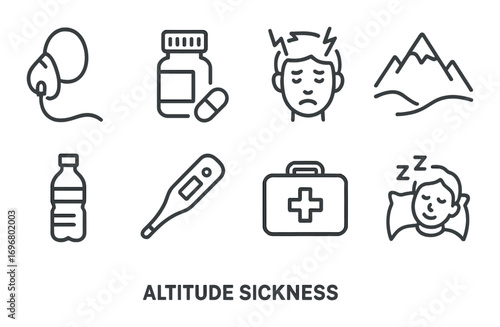 Altitude sickness icons: oxygen tank, medicine, headache, mountains, water bottle, thermometer, first aid kit, sleeping