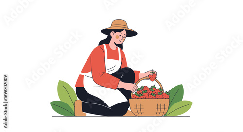Woman Harvesting Strawberries From Garden: Illustrative Portrait of Agricultural Labor