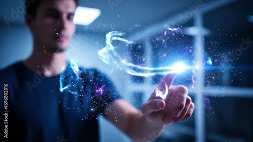 Man interacting with glowing digital network points, touching virtual interface with cosmic effect elements