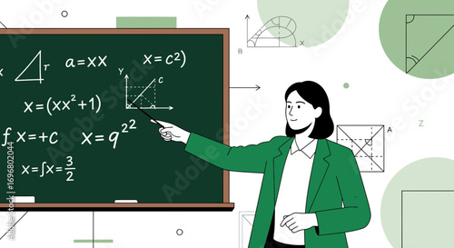 Teacher Explaining Mathematical Equations on a Blackboard for Educational Purposes