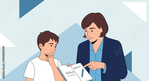 Teacher Explaining Mathematical Equations To A Student While Holding A Notepad Carefully