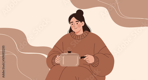 Woman Holding Pot Against Abstract Background: Culinary, Comfort, and Cozy Concept Illustration