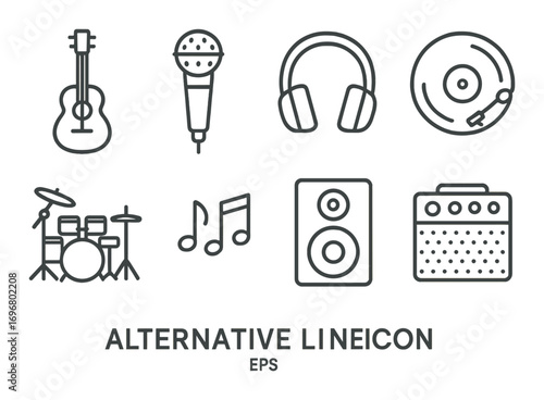 Music icon set: guitar, microphone, headphones, vinyl, drums, speaker, amp, notes