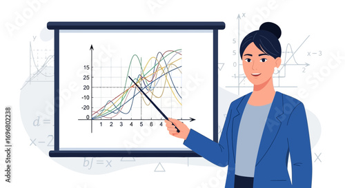 Teacher Presenting a Complex Data Chart, Explaining Trends and Statistics with Precision