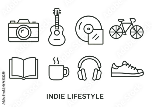 Indie lifestyle icons: camera, guitar, vinyl, bicycle, book, coffee, headphones, sneakers