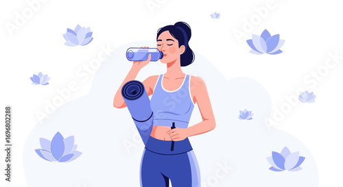 Woman Hydrates After Yoga Practice Surrounded By Floral Design Elements Beautifully