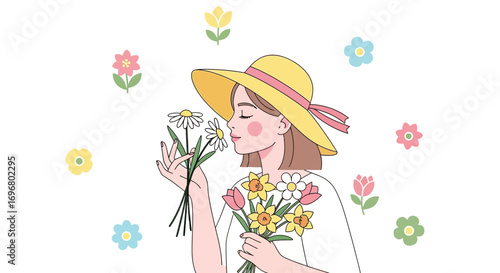 Woman In A Yellow Hat Holding a Bouquet of Fragrant Flowers in A Charming Garden
