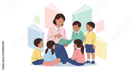 Teacher Reading With Students, Storytime, Education, And Early Childhood Learning Illustration