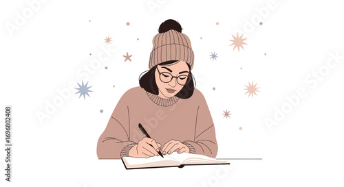 Woman In Hat Sketching In Journal Creating Handwritten Notes On Paper With Style