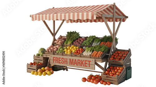 Vibrant fresh market stall overflowing with colorful produce, ripe tomatoes, citrus, and root vegetables