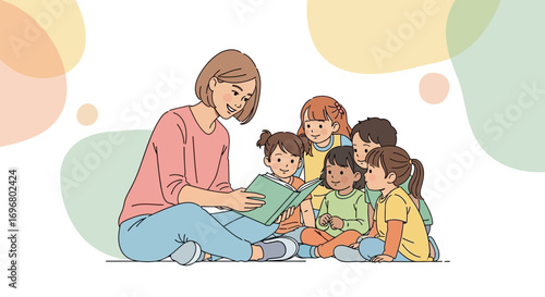 Teacher Reading To Group Of Children As They Sit And Listen Eagerly Illustration