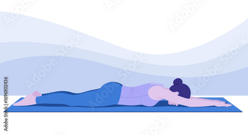 Woman In Yoga Pose On Yoga Mat With Minimalist Style Against Blue Background Illustration