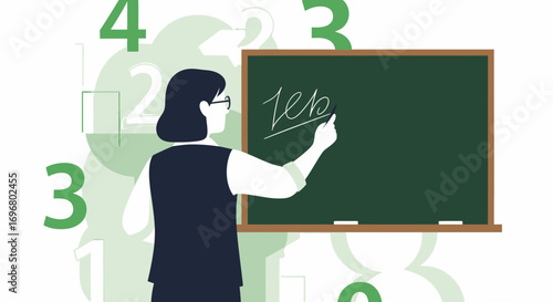Teacher Writing On Blackboard With Numbers, Education And Lesson Icon Illustration