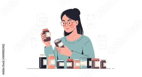Woman Inspecting and Analyzing Jars of Preserves and Food Products Illustration