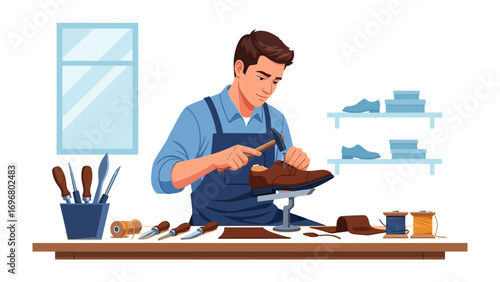 Crafting Comfort: A skilled artisan meticulously works on a leather shoe. This image celebrates craftsmanship, detail, and timeless artistry.