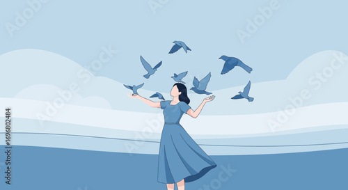 Woman Interacting With Birds Under Sky Depicting Freedom and Serenity in a Moment
