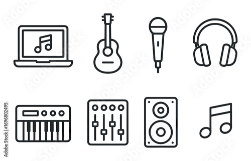 Music equipment icons: laptop, guitar, microphone, headphones, keyboard, mixer, speaker, note
