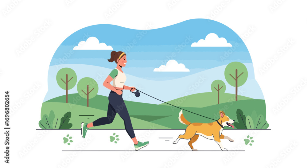 Fototapeta premium Woman Jogging With Her Dog In The Park During A Sunny Day Leisure Activity