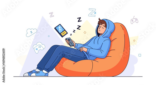 Teenager Sleeping Peacefully While Holding Smartphone and Resting on a Beanbag