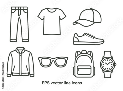 Fashion accessories and apparel line icons with jacket, cap, and watch