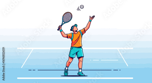 Tennis Player Serving, Preparing for a Serve on a Bright, Clean Blue Court Illustration