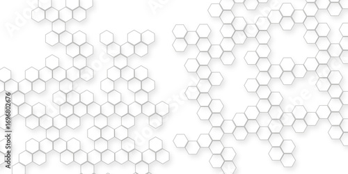 modern abstract background with various hexagon, A pattern of white hexagon shapes arranged subtle shadows that create a three-dimensional,  the geometric repetition and depth of the hexagonal grid.