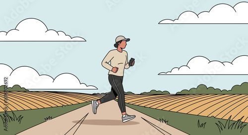 Woman Jogging Outdoors Through a Rural Landscape Using Mobile Technology For Health