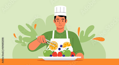 The Chef Arranging Fresh Fruits, A Colorful and Wholesome Culinary Illustration