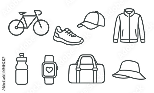 Outline icons of bicycle, sportswear, and fitness accessories on dark background