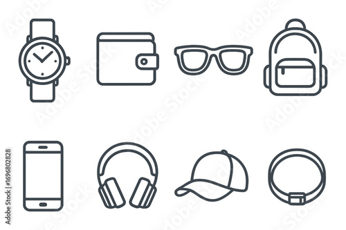 Stylized icons of accessories: watch, wallet, sunglasses, backpack, phone, headphones, cap, belt
