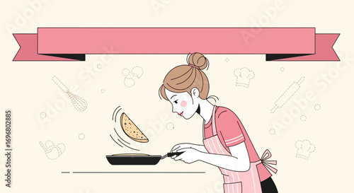 Woman Making Pancakes And Banner Above, Showing A Kitchen Food And Cookery Scene