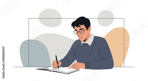 Thoughtful Individual Writing In Notebook With Glasses, Creating New Composition Ideas