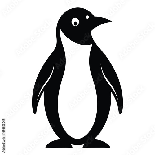 Black and white silhouette of a penguin looking to the side on a white background animal bird