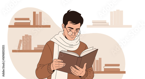 Thoughtful Person Reading Book Surrounded By Shelves Filled With Books at Home or Library