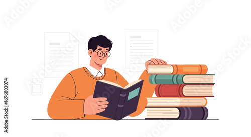 Thoughtful Reader Absorbed In Educational Literature In A Casual Library Setting